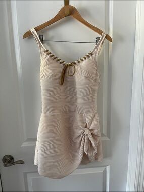 Rotita jacquard tie Knot beige Swimdress laceup neck sz M